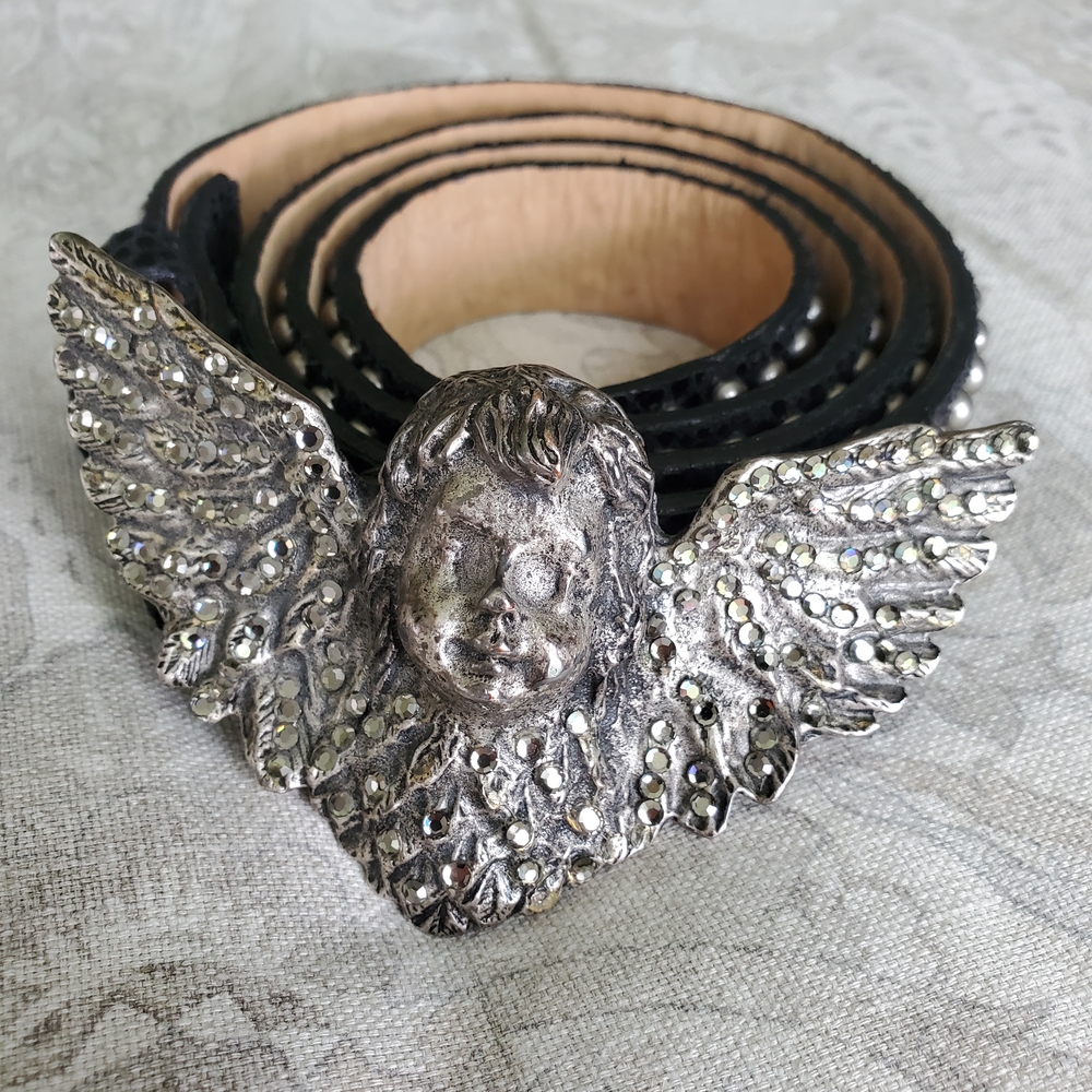 LEATHEROCK Silver Angel Cherub Crystal Studded Black Leather Belt